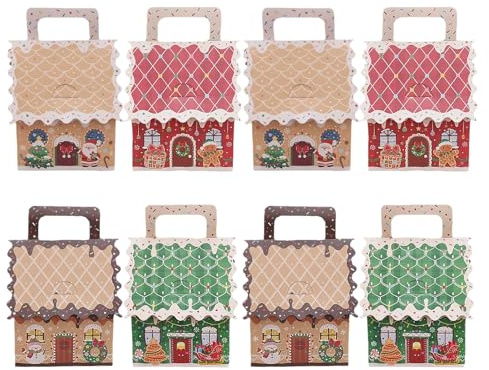 Scatole regalo per casa di pan di zenzero di Natale - 8 pezzi, scatole regalo di caramelle natalizie con manico | Pacchetti regalo di Natale per biscotti, caramelle, dolci, confezioni regalo, fie
