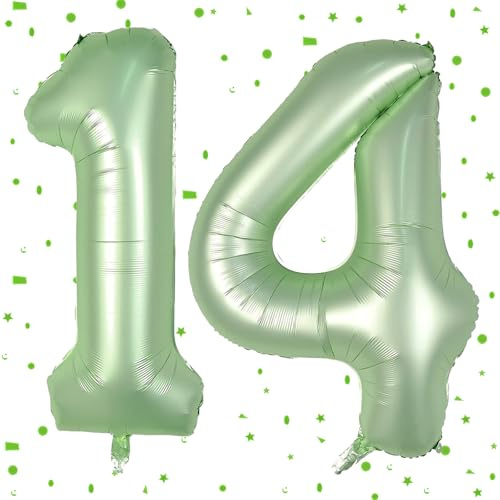 Globo verde salvia 14, Globo número Olivgrün, Globo inflable de aluminio de 100 cm 1&4, Globo número 14 en verde salvia 14 globo de helio Globo inflable 14 Cumpleaños para la decoración de