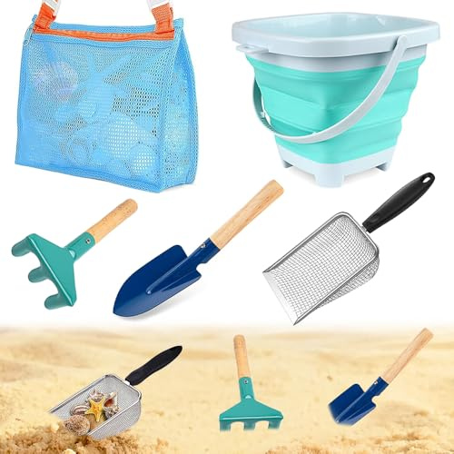 Dhqkqg Giochi Spiaggia,5 Pezzi Secchio da Spiaggia Pieghevole,Pala a Rete da Spiaggia con Borsa da Spiaggia in Rete,Pale in Metallo,Rastrello di Metallo,per Raccogliere Conchiglie