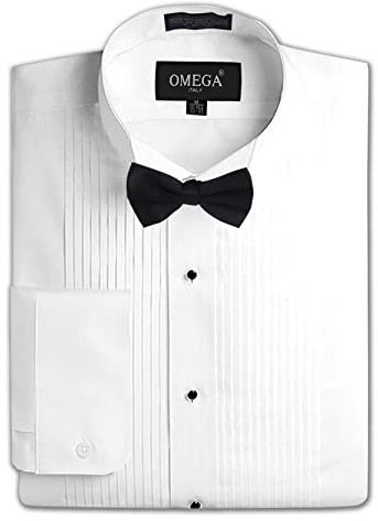 OmegaTux Mens Formal Wing Collar Tuxedo Shirt, 1/4 Pleat White (OMTX500-17.5-35)