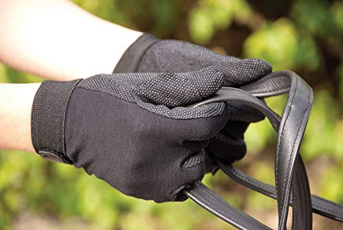 Rhinegold Guantes de equitación de algodón con Agarre de espinillas, Color Negro, Talla L, Antideslizantes, Ligeros, con Cierre de Velcro y muñeca elástica, Guantes de equitación para Mujer