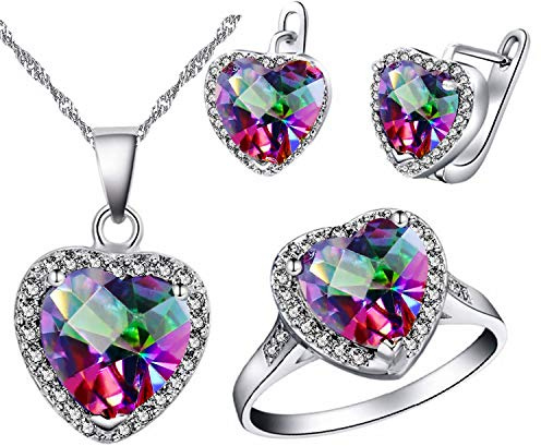 Uloveido Hjärthänge halsband örhängen och ringar set för flickor vitguldpläterade jubileumssmycken set för kvinnor T481, N1/2(54.4mm), Kristall, Kubisk zirkonia