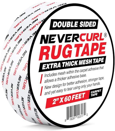 NeverCurl Double Sided Extra Thick Rug Tape with Mesh Fabric - Heavy Duty Carpet Gripper, Underlay, Laminate Flooring, Vinyl Adhesive - Heavy Duty, Anti-Slip, Easy to Apply Carpet Tape - 30ft x 1.5