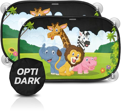 Tendine parasole bambini Buio Ottimale con protezione UV certificata - accessori auto, 2 pezzi 51x31cm, protezione solare raggi UV Design Safari