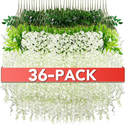 Alotiki Wisteria Hanging Flowers,36 Pack Fake Hanging Flowers,Wisteria Artificiales Garland for Home Wedding Arch Floral Party Garden Ceremony Outdoor Decor,3.6 Feet Long(36,White)