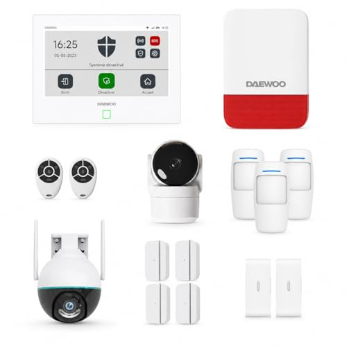 Daewoo Security Pack Alarme Maison AM371 – Centrale Touch XL 7'' Wi-FI & GSM, 2 Caméras HD 1080p Rotatives, Sirène WOS305, 12 Accessoires, Détecteur Anti-Animaux, sans Abonnement, Alexa & Google Home