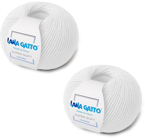 Super Soft Knitting Kit - 100% Merino Wool Mjukt garn, extrafin stickning Wool Made in Italy av Lana Gatto. Supermjuk linje. (2, Off-white - 978)