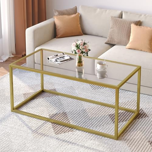 SAYGOER Gold Coffee Table Glass Coffee Tables Modern Rectangular Center Table Simple Minimalist Sofa Table for Living Room Home Office, 39.3 x 19.7 x 17.7in, Gold