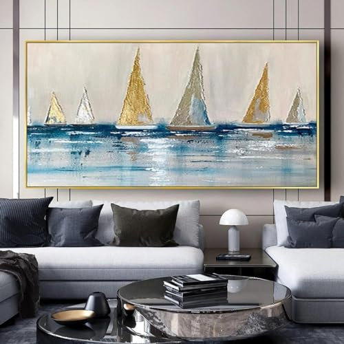 DHHXY Dipinto ad olio Barca a vela dorata Quadri Su Tela Grandi Dimensioni Poster su tela Moderna Barca a vela gialla e Oceano blu Decorazione della parete Immagine di arte 70x140 cm Senza cornice