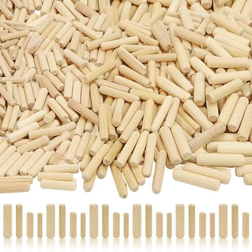 Pojedehy 400 Piece Wooden Dowel Pins Straight Grooved Wood Dowel Rods Fluted Dowel Plugs with Beveled Ends Tapered, Accessory