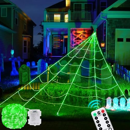 Maxee 390 LED halloween spindelnät, belysning dekoration, 5 m jätte ljusnät med 26 m ljusslinga och fjärrkontroll (8 ljuslägen och timer), nätlampor, dekoration för trädgård, inomhus utomhus – grön