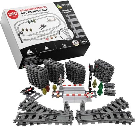 LONESTAR Klemmbausteine Schienenkreis XL, City Schienen Set mit Zubehör, kompatibel mit Klemmbausteinen, großer Eisenbahnkreis mit Bahnübergang, Prellbock und Deko für Kinder und Erwachsene