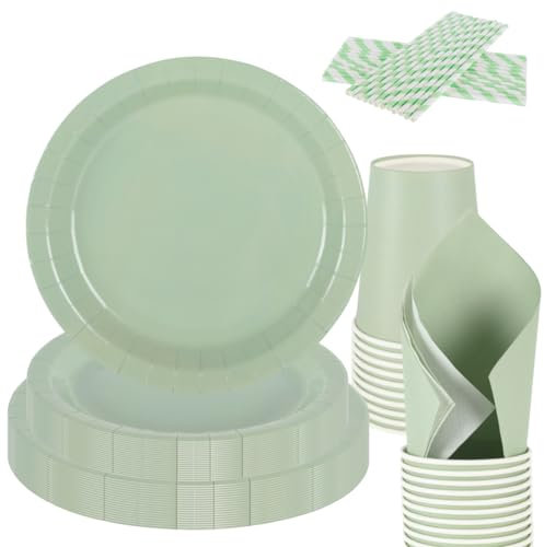 CEILIWEN Set di piatti di carta verde, tovaglioli e bicchieri, 125 pezzi, set di stoviglie per feste verde salvia