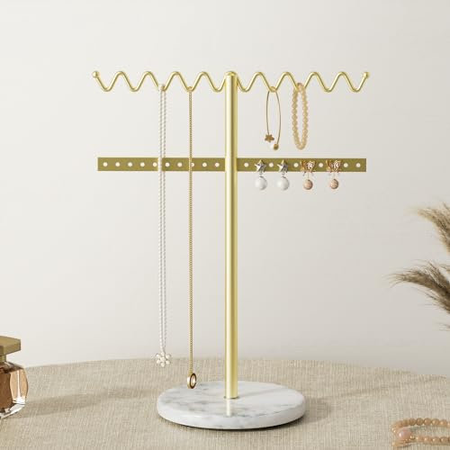 Josmimic Gold Necklace Holder Organizer – Modern Metal Jewellery Tree for Hanging Necklaces and Bracelets – Minimalist Countertop Jewellery Stand, Wave Shape