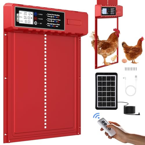 FabStyl Automatische Hühnerklappe Solar in XL großer Größe 27,5 x 36 cm, Rote Hühnerstall mit USB-C-Ladung und 3 Modi, Antiklemmschutz und Wetterfestem Aluminiumlegierung