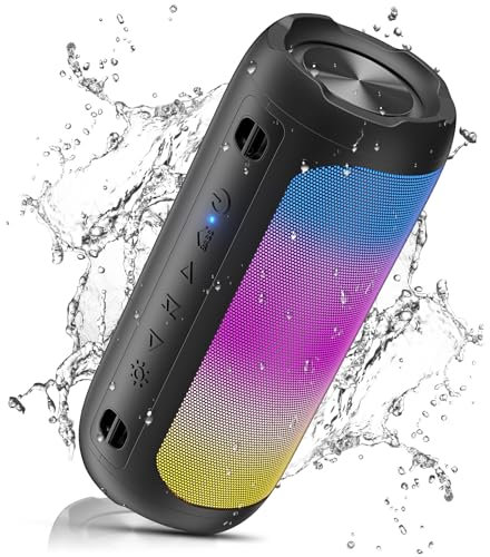 VOSFEEL Altavoz Bluetooth Potente, Portátil Altavoz Inalámbrico con Luces, hasta 30h de Reproducción, IPX7 Impermeable, Sonido Estéreo, con Micrófono, Apoya Tarjeta TF y AUX