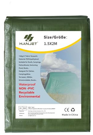 Hanjet Bâche de protection en polyéthylène - 140 g/m² - Imperméable - Vert - Pour toit de tente de camping - Idéale contre le vent et la pluie (1,5 x 2 m)