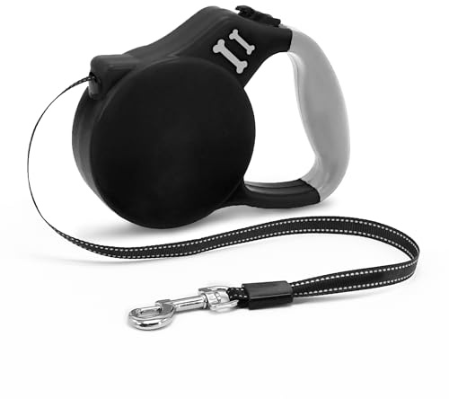 AIITLE Einziehbare Hundeleine 5 m für kleine Rassen, reflektierendes Sicherheitsband, Quick-Lock-Bremssystem, Rutschfester Griff – leicht und tragbar für Reisen, Training, Nachtspaziergänge, Schwarz