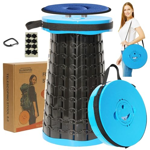 ALEVMOOM Tabouret pliable XXL 50 cm avec coussin, tabouret télescopique pliable pour adultes, charge maximale 450 kg, siège portable rétractable pour camping, pêche, randonnée, barbecue en plein air