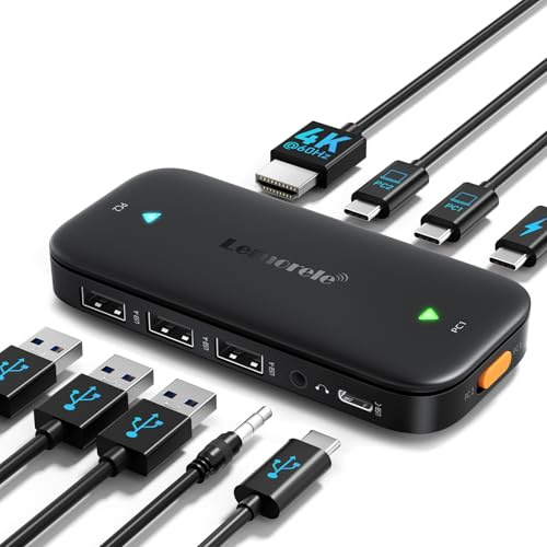 Lemorele USB C KVM Switch, 2 Computer Sharing 4K@60Hz HDMI Monitor, 100W PD Fast Charging, 3×USB-A 2.0 + 1×USB-C 2.0 Data Ports, 3.5mm Audio for Windows/Mac/Linux