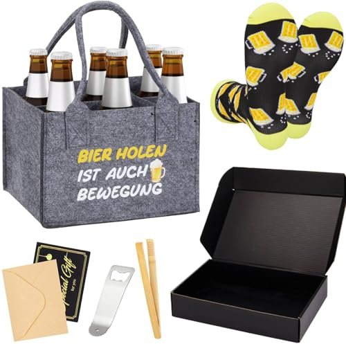 Rilcn Lustiges Bier Geschenkset für Männer, 5-teilig: Filz-Biertasche 6 Fächer, Bier Socken, Flaschenöffner, Grillzange, Grußkarte – Geburtstagsgeschenk, Vatertag, Oktoberfest