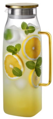 GLASKEY 2200ml Square Glass Pitcher with Lid and Handle for Fridge,Borosilicate Glass Carafe for Hot or Cold Drink, Large Glass Jug for Iced Tea,Coffee,Juice,Homemade Beverage (Gold)