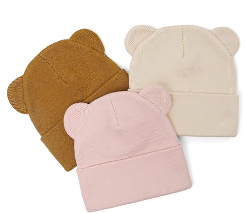 LACOFIA Baby pojkar flickor vintermössa med björnöron småbarn varm stickad mössa mjuk vintermössa hatt från 0 till 36 månader, Rosa + brun + beige, 6-3 Jahre