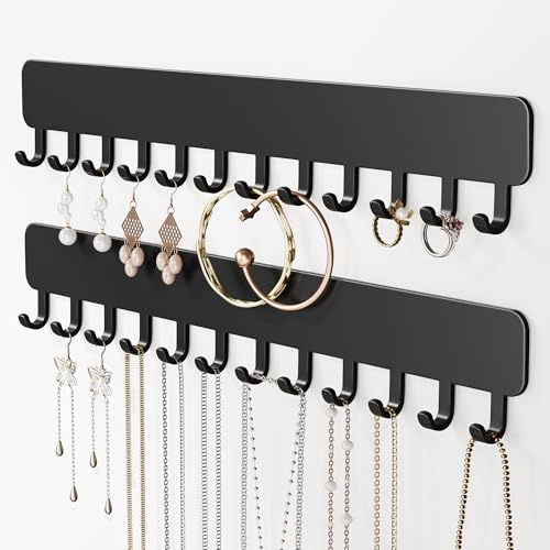 Josmimic Organizador de joyas para colgar en la pared, autoadhesivo, con ganchos para collares, pulseras, pendientes, solución de exhibición y almacenamiento para mujeres, 2 unidades, color negro