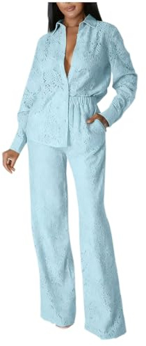 NSICBMNO Blue Co Ord Sets For Women Elegant 2 Piece Outfits Ladies Wedding Guest Outfits Lace Trouser Suit Button Down Shirt V Neck Blouses Wide Leg Trousers Lounge Sets For Work Evening Party