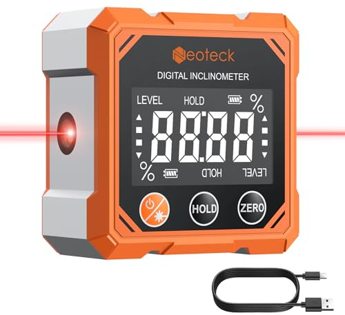 Neoteck 4-Side Magnetic Digital Angle Finder with Laser (Class 2,<1mW Output) 4x90°Angle Finder Tool Rechargeable Digital Angle Gauge with Backlight Screen Digital Laser Level for Hanging Construction
