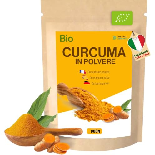 Detox Organica Curcuma BIO in Polvere 900g [ Alta Qualità - 100% Pura e BIOLOGICA ] Senza additivi con Pratico sacchetto richiudibile - Non OGM, Vegano - Superfood naturale per il tuo benessere