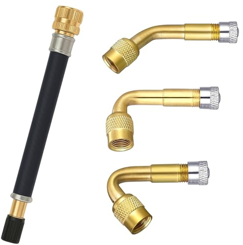 EAVUYIS Prolunga Valvola Pneumatici 140mm con 3 Adattatori 45° 90° 135°, Kit Gonfiaggio Pneumatici Auto e Moto in Gomma e Ottone, Tubo Flessibile per Gonfiare Gomme Bici e Scooter, Set da 4 Pezzi