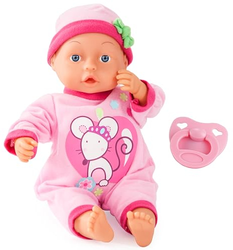Bayer Design 93363AB Funktionspuppe, Baby Puppe mit Geräuschen, Spielpuppe weich, 33 cm, Schnuller