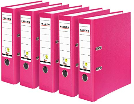 Original Falken 5er Pack PP-Color Kunststoff-Ordner. Made in Germany. 8 cm breit DIN A4 Pastell-Farbe pink Vegan Ringordner Aktenordner Briefordner Büroordner Plastikordner Schlitzordner