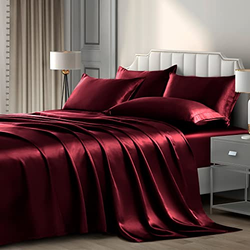 P Pothuiny - Set di biancheria da letto in raso borgogna setoso, 6 pezzi, 1 lenzuolo con angoli profondi, 1 lenzuolo piano, 4 federe