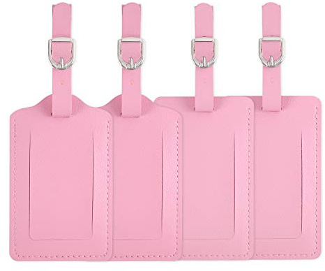 Vigorport Luggage Tags, 4 Pack Leather Luggage Tags, Privacy Protection Travel Bag Suitcase Labels Suitcase Tags (Pink)