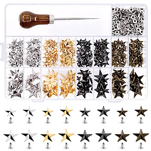 Mardatt 201 Sets Metall-Sternnieten Sortiment Set 11/15/20/22 mm Lederwaren-Spikes, Nagelköpfe, Nieten für Lederhandwerk, Kleidung, Taschen, Gürtel, Schuhe, DIY (Gunmetal/Silber/Gold/Bronze)
