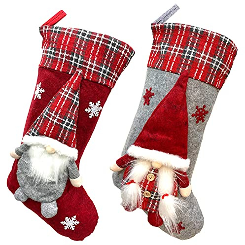 Meajore 2 Pcs Christmas Stockings New Set, 3D Gnomes Santa Christmas Stockings Personalized (18inch) Soft Classic Red and Grey Fireplace Hanging for Family Holiday Xmas Party Decorations