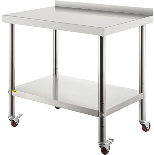 VEVOR Arbeitstisch Edelstahl, Edelstahltisch mit Höhenverstellbarer Ablage, Küchentisch mit 4 Universalräder und Aufkantung 91,4 x 61 x 89 cm