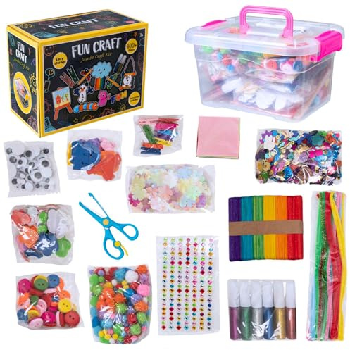 Fun Craft Arts and Crafts Supplies Kit with Storage Box| 400+ Pcs Arts and Crafts for Toddlers Kids Scissors Lolly Sticks Pipe Cleaners Googly Eyes Foam Letters Flowers Craft Kits for Kids Ages 3+