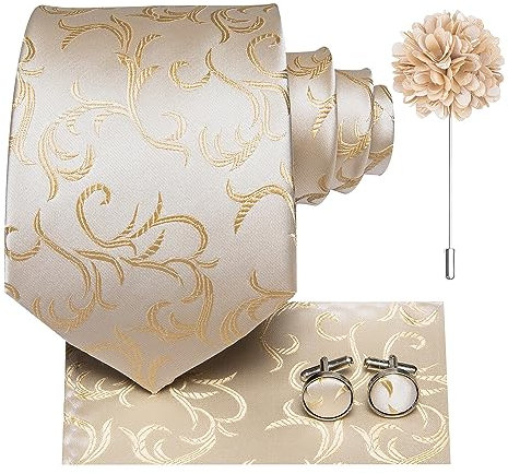 Hi-Tie Seidenkrawatte und Einstecktuch, Manschettenknöpfe, Reversnadel-Set, Jacquard, Hochzeit, Business, Krawatte für formelle Anlässe, champagnerfarben, M