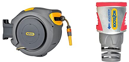 Hozelock 2401 0000 Auto Reel with 20 m Hose, Yellow/Grey & 2035P0000 Pro Metal AquaStop Connector (12.5mm & 15mm), Silver