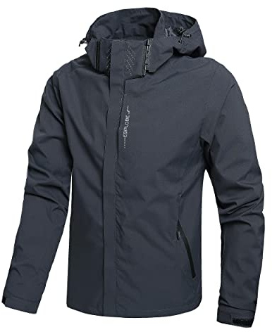 Hikevitang Leichte wasserdichte Herren-Regenjacke, mit Kapuze, Outdoor-Regenmantel, Wandern, Windschutz, Volcanic Grey, XL