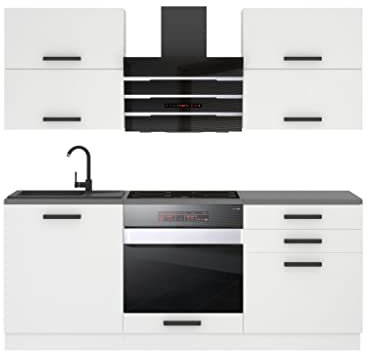 Belini Küchenzeile Küchenblock Emily - Küchenmöbel 180 cm Einbauküche Vollausstattung ohne Elektrogeräten mit Hängeschränke und Unterschränke, mit Arbeitsplatten, Weiß matt
