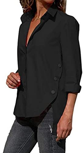 Womens Side Slit Buttons Irregular Shirts Long Sleeve V Neck Lapel Blouses Solid Color Loose Chiffon Shirt Tops (Black,XX-Large)
