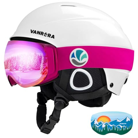 VANRORA Ski Helmet and Goggles Set, White M/Grey Lens Revo Pink Coating