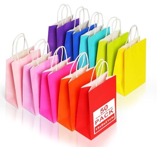 Gucass 50 Pieza Pequeñas Bolsas Papel Kraft con Asas, Vistoso Bolsas de Papel Regalo, 15x8x21cm, Bolsitas de Regalos para Embalaje de Regalo, la Compra, Navidad Fiestas de Cumpleaños Bodas