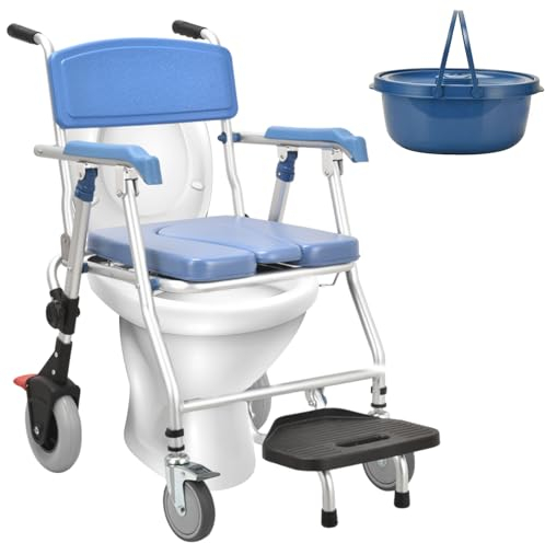 Silla Ducha WC con Ruedas Plegable, 3 en 1 Silla De Ruedas para Ducha e Inodoro Cómoda, Azul Taburete de Ducha Portátil con Inodoro para Personas Mayores y discapacitadas, Carga Máxima 150 kg
