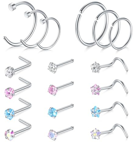 AVYRING Piercing da naso in acciaio inox ipoallergenico a forma di L, con zirconia cubica, 22 G, 20 G, 18 G, confezione da 18 pezzi o 24 pezzi, 20G (0.8mm), acciaio inossidabile, zirconia cubica