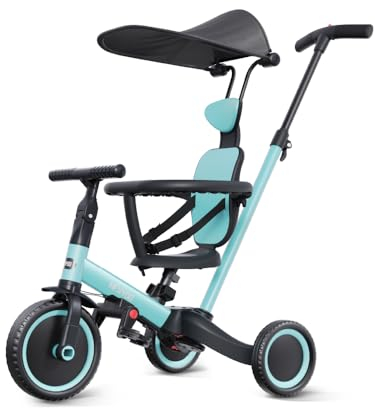 newyoo 6 in 1 Dreirad für Kleinkinder 1-3 Jahre, Laufrad mit Schubstange, Geburtstags Spielzeug für Jungen und Mädchen, Baby-Dreirad mit Sonnendach, TR009, Blau